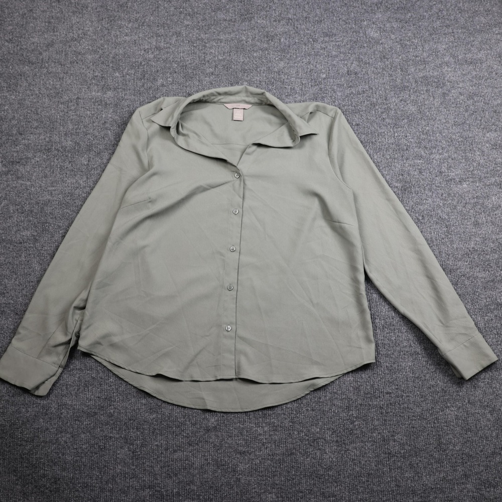 H&M Shirt Womens Medium Sage Green Button Down Long Sleeve Blouse Polyester